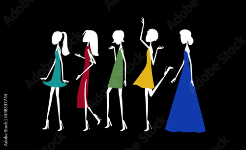 White silhouettes of models on the catwalk in dresses of different styles