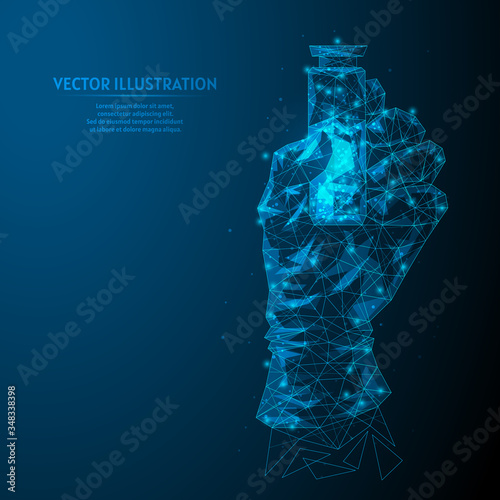 A doctor in protective gloves holds an ampoule with a vaccine in his hands. The cure for coronavirus viral infection. Innovative medicine, technology. 3d low poly wireframe model vector illustration.