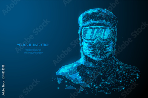 Man in a protective suit, in a medical mask, goggles. Medical worker, doctor is protected against infection with the COVID-19 virus, chemical protection, infection, biosecurity. photo