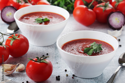 Two plates with gazpacho - traditional Spanish tomato soup