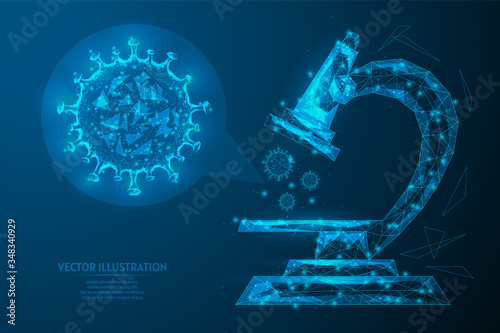 Research, study of a viral infection of a coronavirus COVID-19 on a microscope. Laboratory equipment. Making a medicine. Innovative technology. 3d low poly wireframe model vector illustration.
