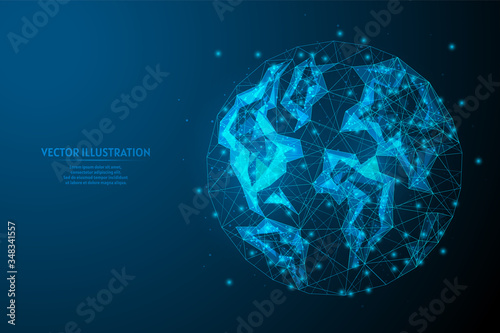 Close-up view of planet earth, globe in space, continents relief. Concept of ecology, global internet, communication, business. Innovative technology. 3d low poly wireframe model vector illustration.