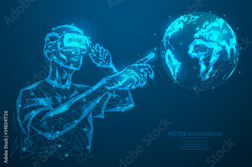 Man with glasses, helmet additional virtual reality map. Online planet diagnostics, study, formation. Innovative gaming entertainment technology. 3d low poly wireframe model vector illustration.