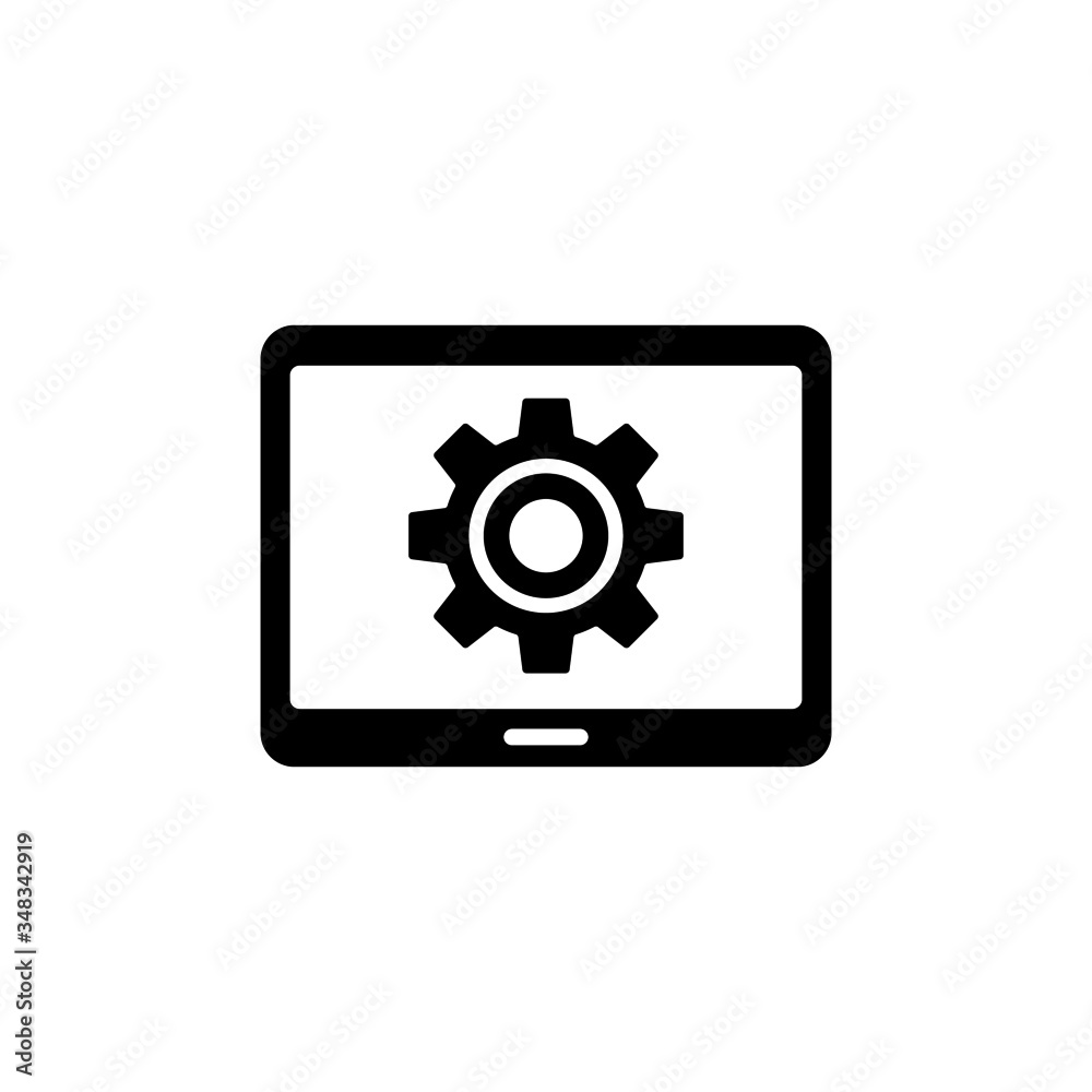 Tablet data settings vector icon in black solid flat design icon isolated on white background Tablet data settings vector icon in black solid flat design icon isolated on white background