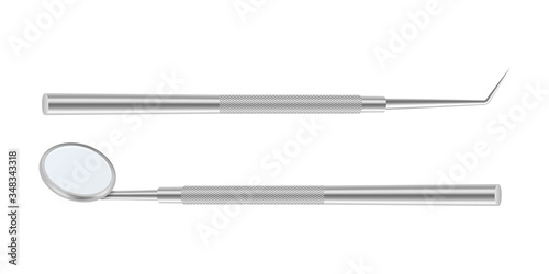 Vector 3d Realistic Dental Inspection Mirror and Probe for Teeth Closeup Isolated on White Background. Medical Dentist Tool. Design Template, Clipart