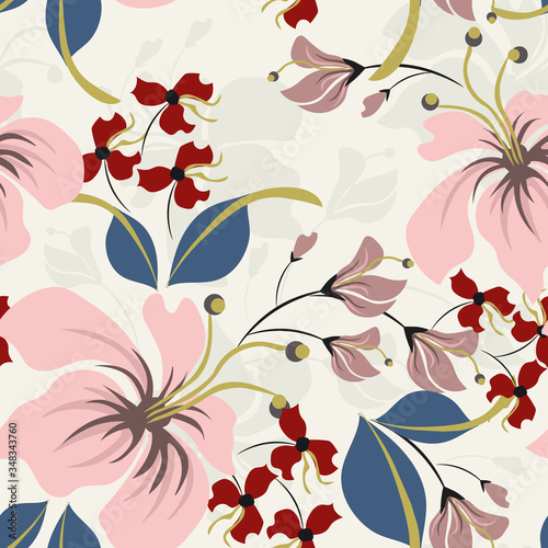 Vector floral seamless pattern. Elegant tropical background with hibiscus flowers, leaves, jungle plants, hand drawn elements. Abstract exotic botanical ornament. Repeat design for wallpapers, textile