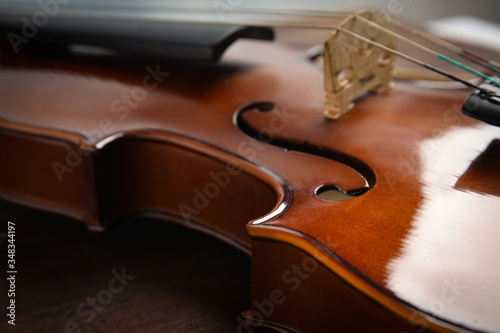 Beautiful violin on wooden table, closeup view
