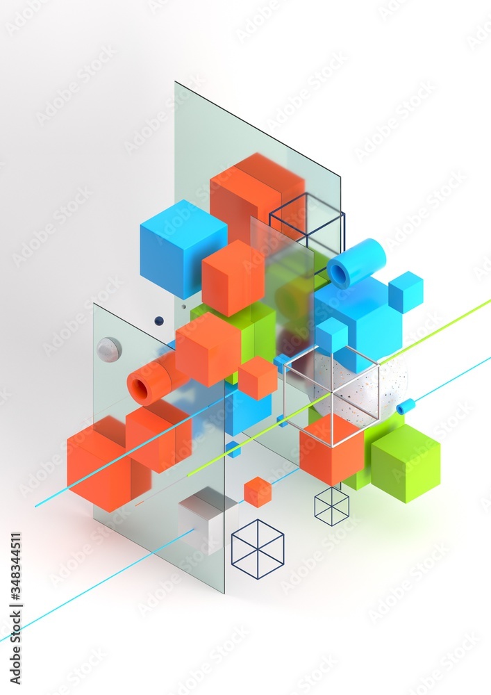 Abstract 3d render visualization background, template modern composition of geometric shapes in isometric . Cube, sphere, cylinder, line. Abstract 3d render visualization background, template modern composition of geometric shapes in isometric . Cube, sphere, cylinder, line.