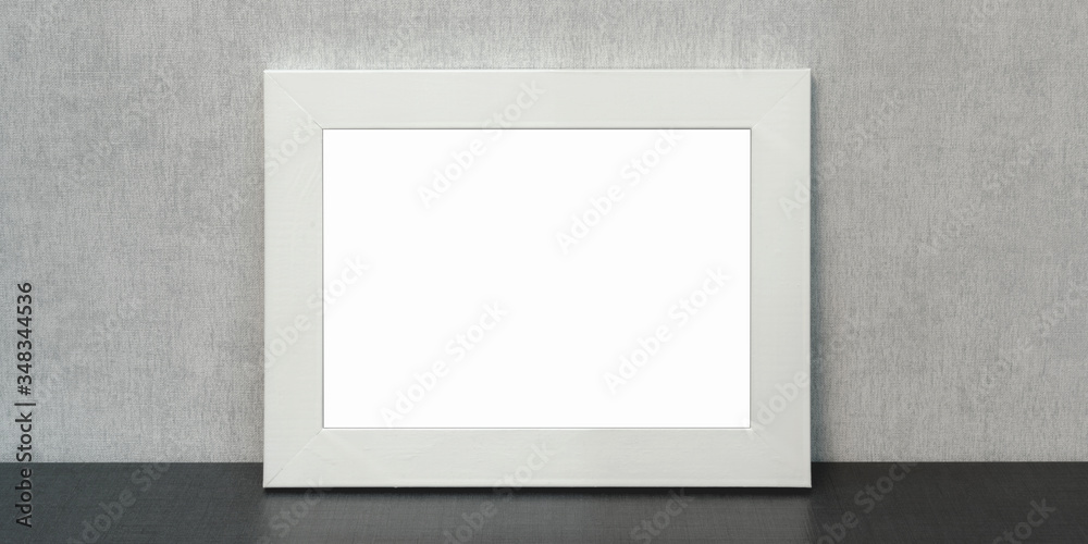 empty white photo frame horizontally stands on shelf in living room mock-up empty white photo frame horizontally stands on shelf in living room mock-up