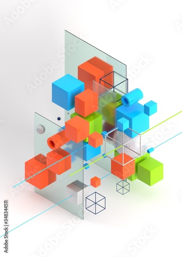 Abstract 3d render visualization background  template modern composition of geometric shapes in isometric . Cube  sphere  cylinder  line.