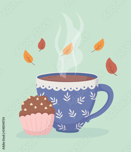 coffee time and tea  coffee cup and sweet cupcake leaves