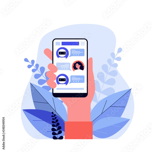 Hand holding smartphone with text messages flat vector illustration. Modern mobile screen with online chatting application. Conversation and digital technology concept
