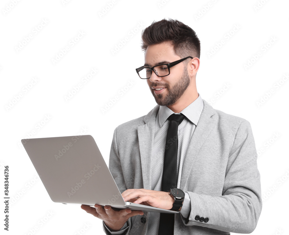 Young businessman with laptop on white background Young businessman with laptop on white background