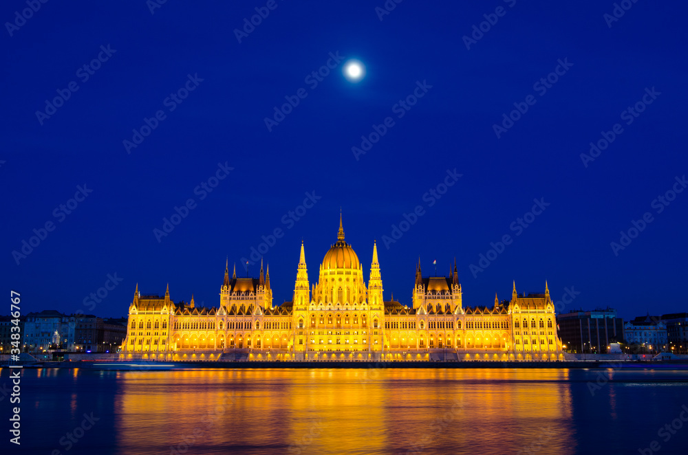 Night view of the Hungarian Parliament Building in Budapest, Hungary