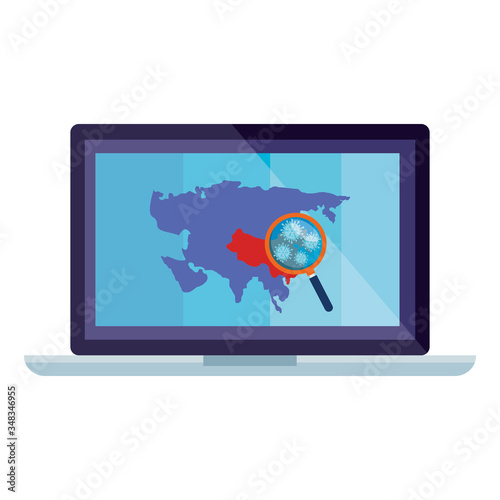 asia map with covid19 particles in laptop vector illustration design