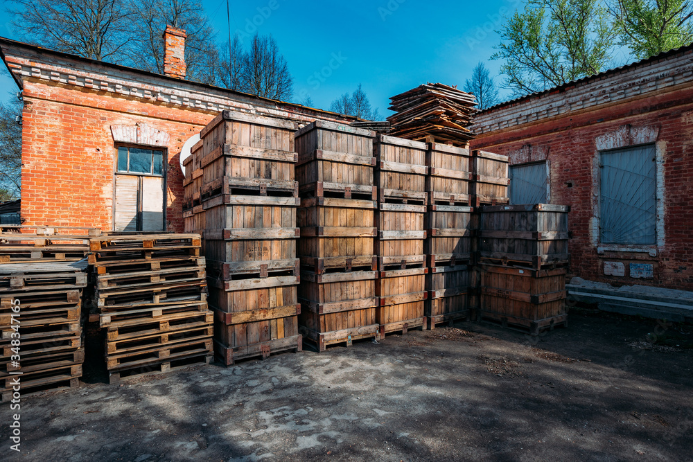 Stack of wooden boxes with goods for shipping Stack of wooden boxes with goods for shipping