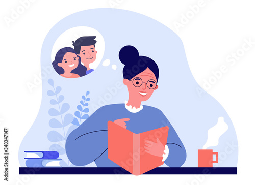 Grandma watching photo album and smiling. Happy senior woman reading book and imagining heroes flat vector illustration. Hobby and journal concept for banner, website design or landing web page