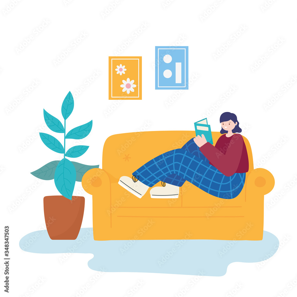 Fototapeta premium people activities, young woman sitting on sofa reading book, room with potted plant and frames