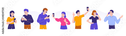 Young people using smartphones concept. Men and women talking, typing, chatting, listening music and taking selfies with phones. Female and male characters collection or set. Flat vector illustration