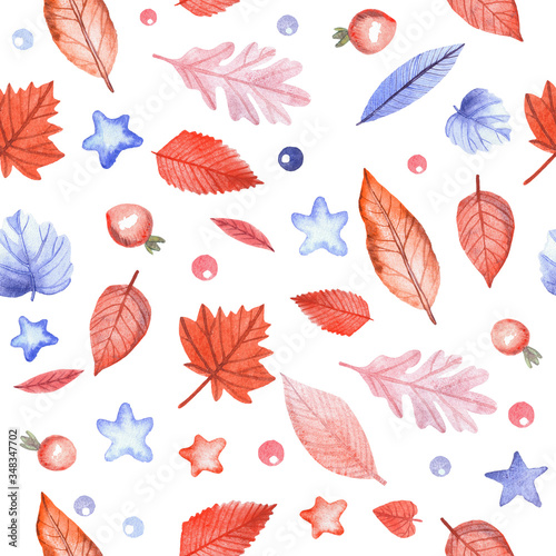 Seamless pattern with autumn leaves and rosehip berries on white background. Hand painted watercolor illustration. © Viktoriia