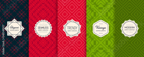 Christmas vector seamless patterns collection. Set of colorful holiday background swatches with elegant labels. Winter Nordic Scandinavian style ornament textures. Retro vintage decorative design