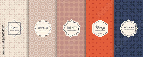 Vector geometric seamless patterns collection. Set of vintage colorful background swatches with modern minimal labels. Elegant abstract textures. Stylish retro design. Navy blue, orange, beige, brown