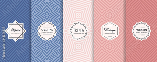 Colorful vector geometric seamless pattern collection. Set of simple background swatches with elegant minimal stickers. Abstract modern geometry textures. Blue and pink color. Stylish repeat design