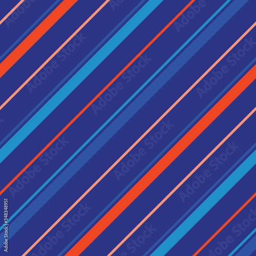 Diagonal stripes pattern. Simple vector seamless texture with thin inclined lines. Modern abstract geometric striped background. Stylish ornament in trendy colors, neon blue and orange. Repeat design