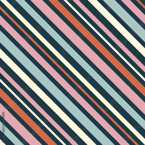 Diagonal stripes pattern. Simple vector seamless texture with thin inclined lines. Modern abstract geometric striped background. Orange, pink, navy blue, mint green and beige color. Stylish design