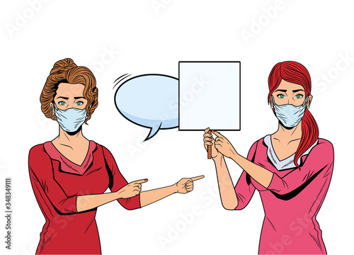 women using face masks for covid19 with banner and speech bubble