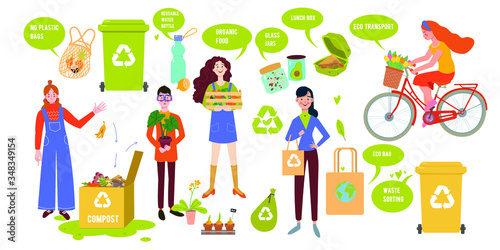 Eco lifestyle concept set. Compost for home flowers, compost soil, use less plastic, glass jars, eco grocery bags. Flat vector illustration.