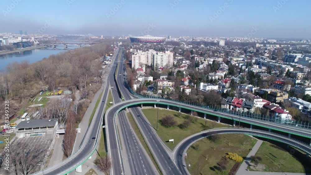 Warsaw, Poland. Drone shot of busy streets in Warsaw. Road junction and road viaducts Warsaw, Poland. Drone shot of busy streets in Warsaw. Road junction and road viaducts
