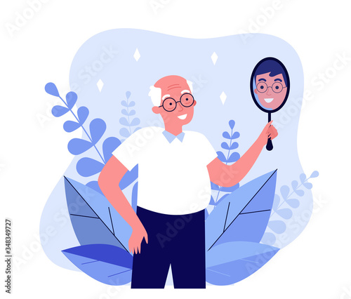 Smiling man looking at himself in mirror. Granddad imagining himself as young guy flat vector illustration. Narcissism and reflection concept for banner, website design or landing web page