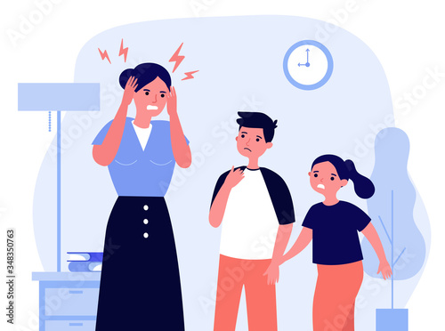 Young mother tired of migraine. Cartoon children worried about mom flat vector illustration. Depression and headache concept for banner, website design or landing web page