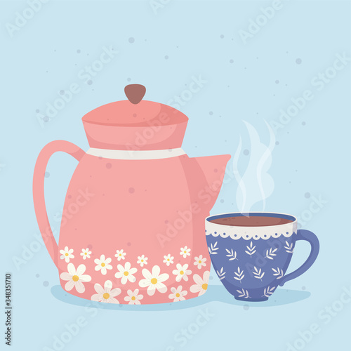 coffee time and tea kettle and blue cup hot beverage