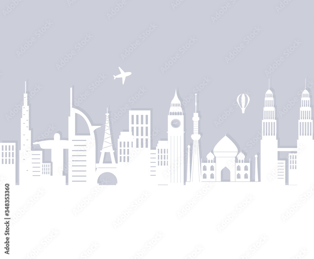 skyline landmarks air balloon and airplane architecture city silhouette