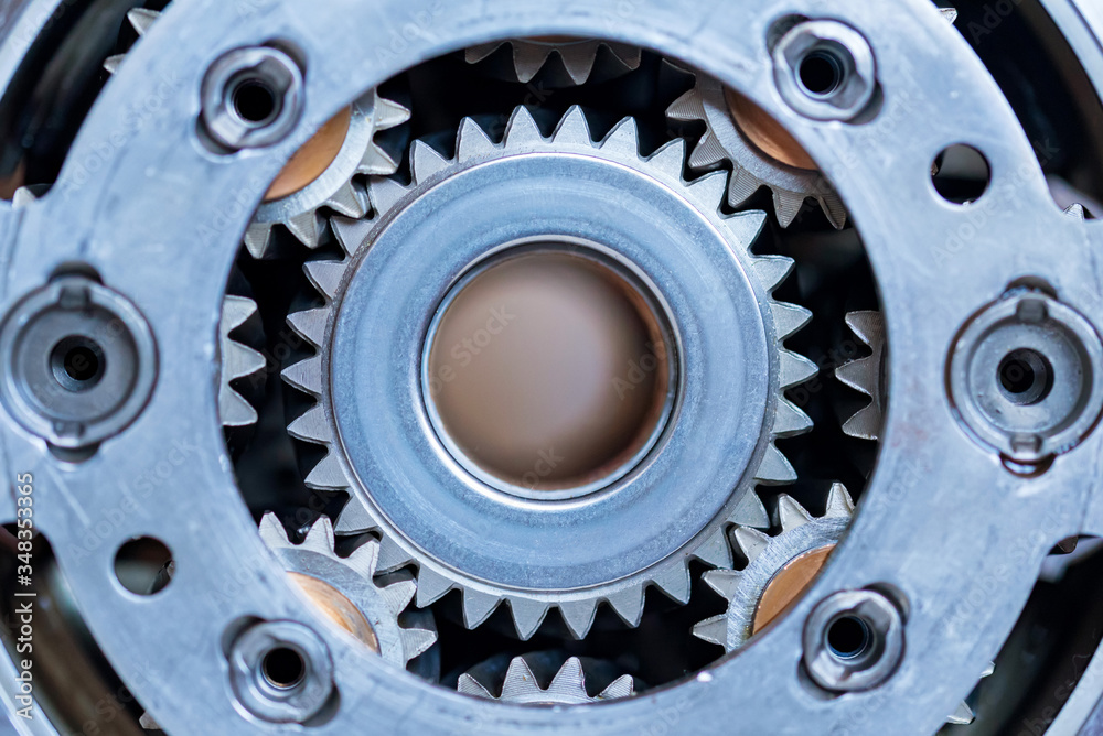 Close-up helical gears in car automatic transmission Close-up helical gears in car automatic transmission