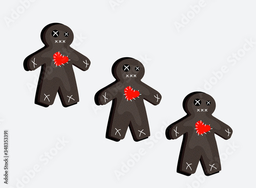 creepy gingerbread man for Halloween. isolated vector object. a sewn heart, a voodoo doll, a monster with button eyes. sweet ginger cookies, party for kids.
