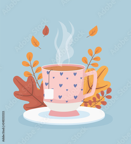 coffee time and tea  cup tea bag on dish leaves season