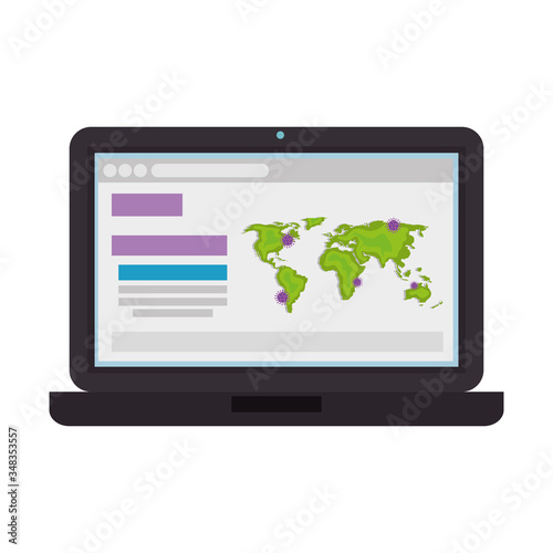 earth maps with covid19 particles in laptop vector illustration design