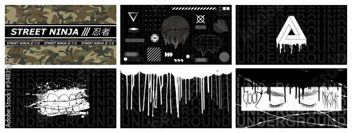 Street collection illustration. Black and white crime shapes and elements for merch, print t shirt, poster, banner and flyers. Monochrome aggressive set hip hop elements in brutalism style. Vector 