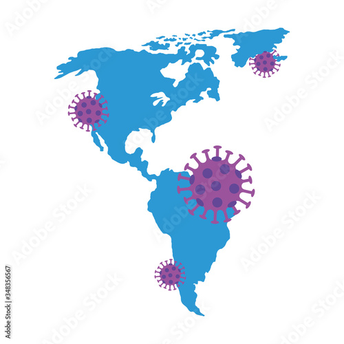 american continent with covid19 particles vector illustration design