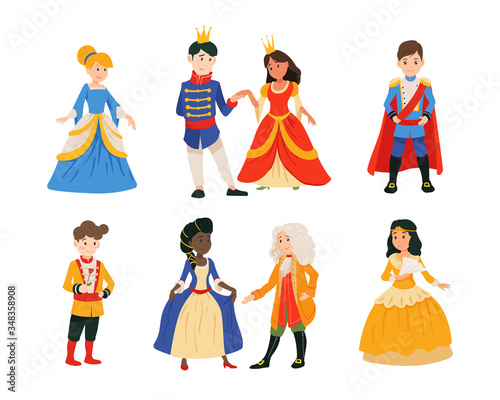 Set of cute little boys in prince costume with crown, girls in princesses dress isolated on white background.