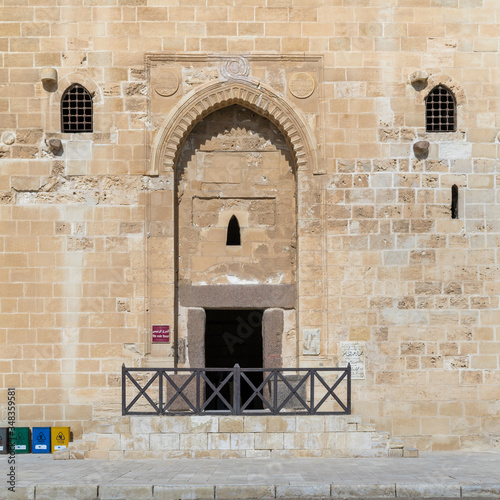 Entrance of the main tower of the Citadel of Qaitbay, a 15th century defensive fortress located on the Mediterranean sea coast, Alexandria, Egypt