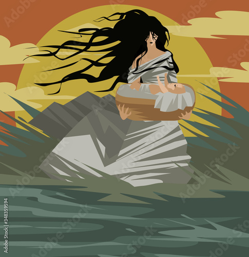baby moses in a basket and mother in the river old testament tale