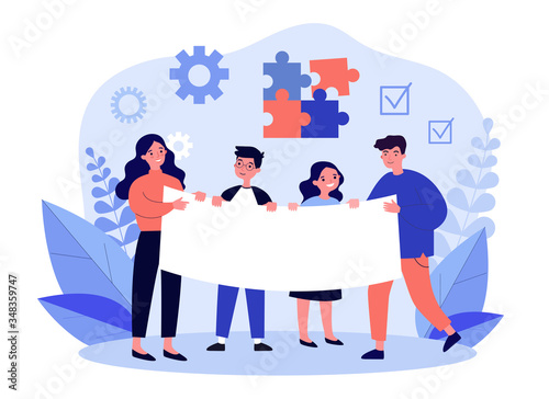 Young people with advertising poster. Students standing together and holding blank banner flat vector illustration. Holiday and event concept for banner, website design or landing web page