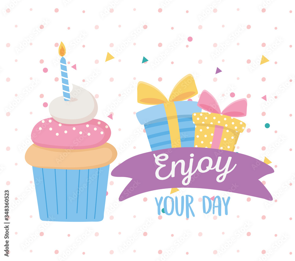 happy birthday, gift boxes cupcake confetti ribbon decoration celebration happy birthday, gift boxes cupcake confetti ribbon decoration celebration