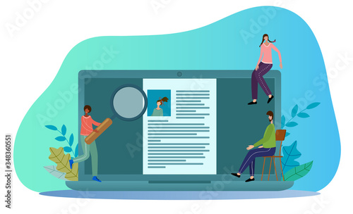 Office workers near the laptop are engaged in recruitment.The concept of hiring employees, studying resumes and finding new employees.Flat vector illustration.