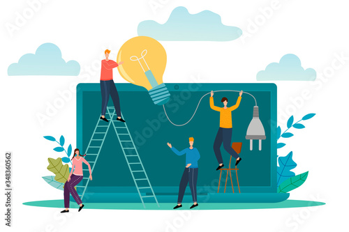 Office workers near the laptop are developing new ideas.The concept of searching for ideas, brainstorming, and joint project development.Flat vector illustration.