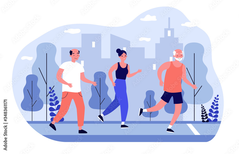 Senior people jogging in city park. Old men and women running marathon flat vector illustration. Lifestyle and sport concept for banner, website design or landing web page Senior people jogging in city park. Old men and women running marathon flat vector illustration. Lifestyle and sport concept for banner, website design or landing web page